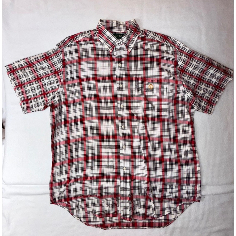 Lauren Ralph Lauren Plaid Shirt Mens Size M Red White Short Sleeve Crest